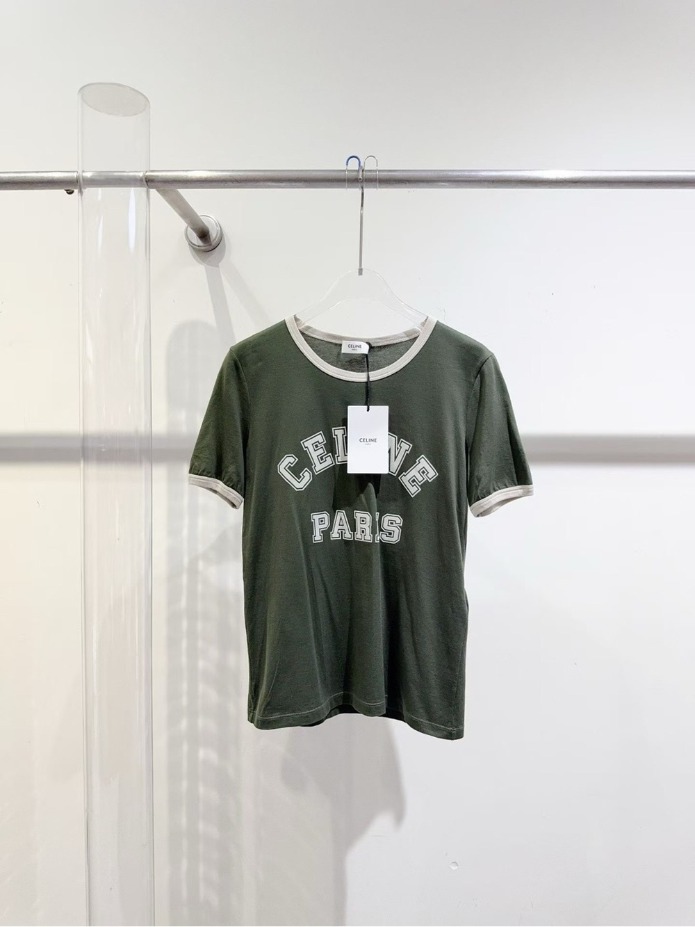 Celine Olive Green and Cream 'Celine Paris' Ringer Tee